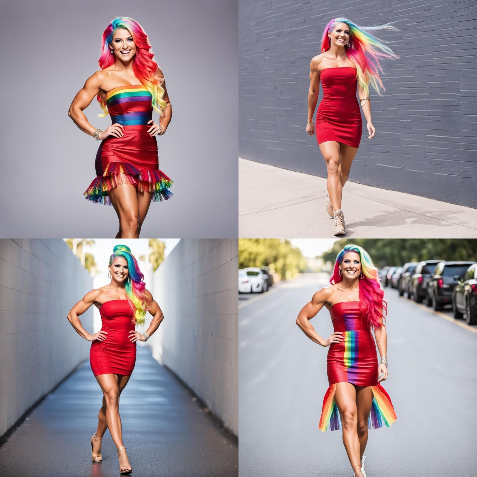 Rainbow Haired Woman in Red Dress Smiling