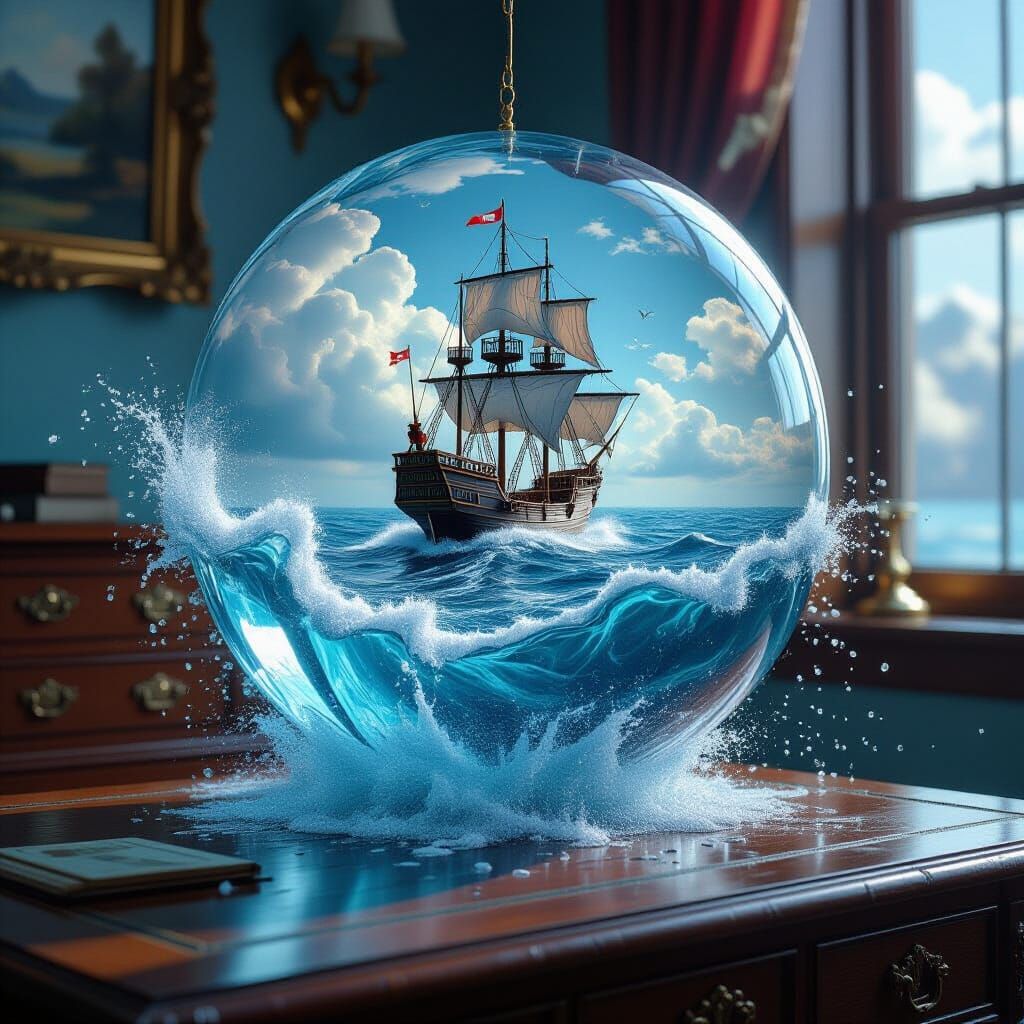 Water Sphere with Miniature Ocean and Ship on Desk