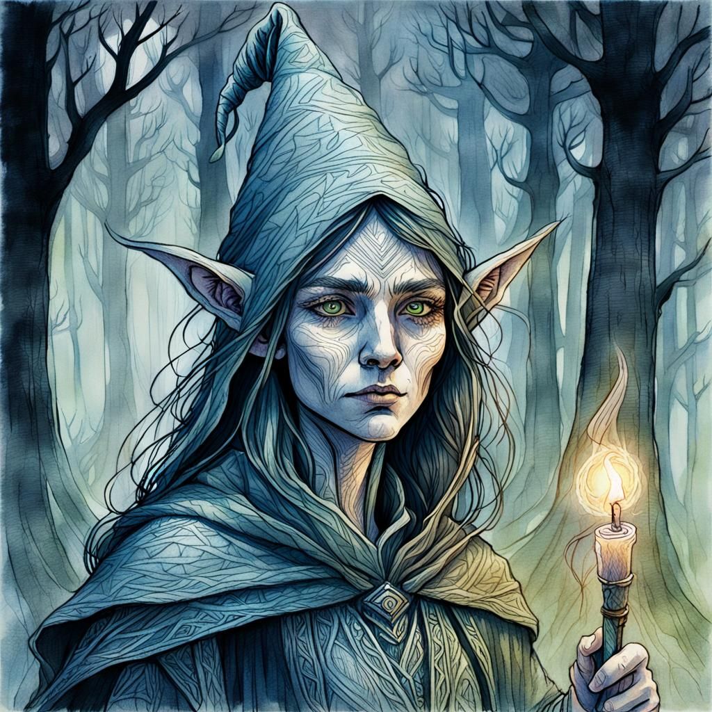 Elf Sorceress Portrait in Impressionist Scribble Style