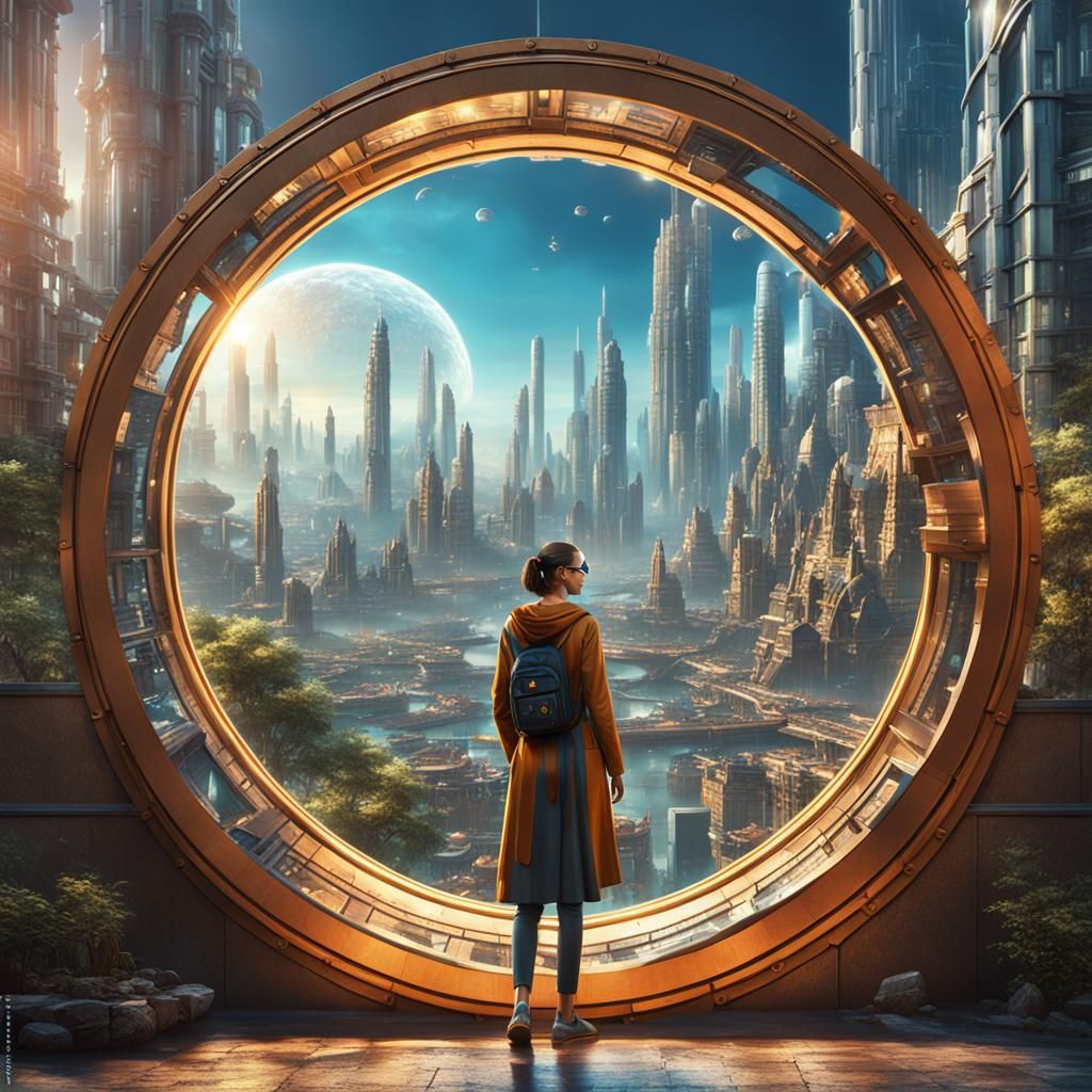 Futuristic Woman with Goggles in Cityscape