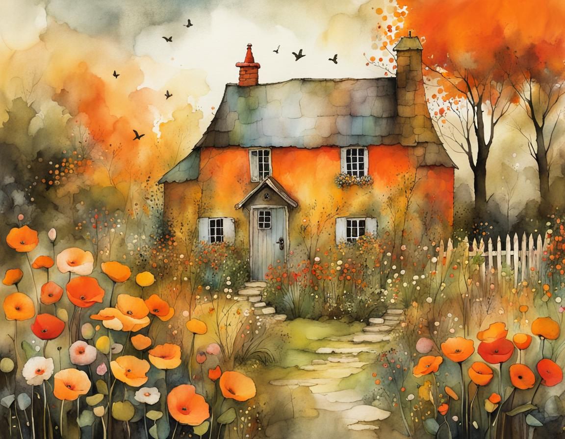 Orange Cottage Garden: Whimsical Alcohol Ink Illustration