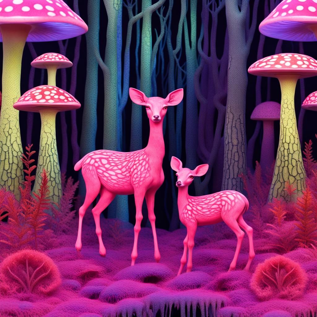 Psychedelic Deer and Fawn in Glowing Forest