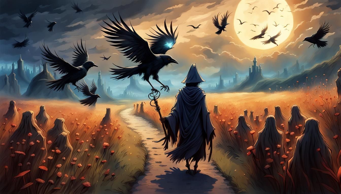 Crow Reaper Escorting Souls: Cinematic Digital Painting
