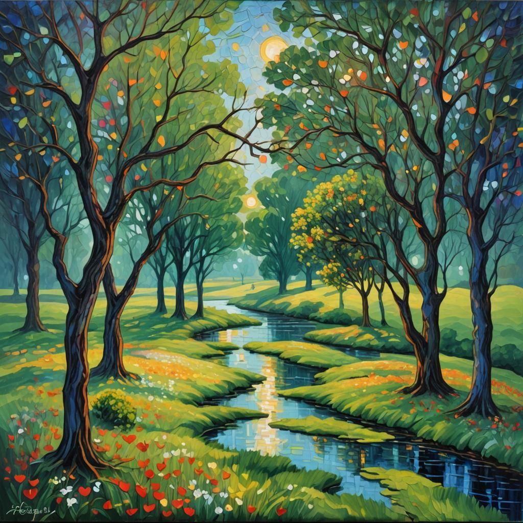 Tranquil Thames River at Night: Neo-Impressionist Oil Painti...