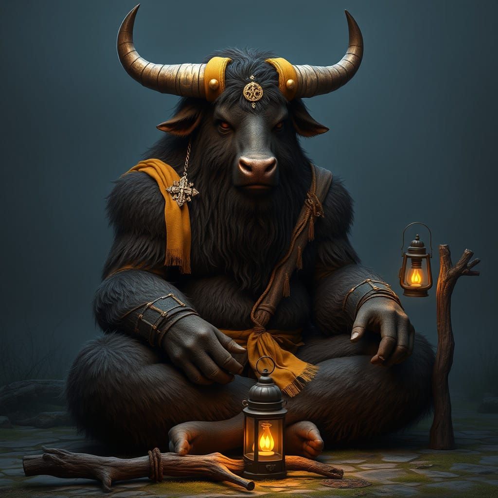 Majestic Highland Minotaur in Meditative Pose