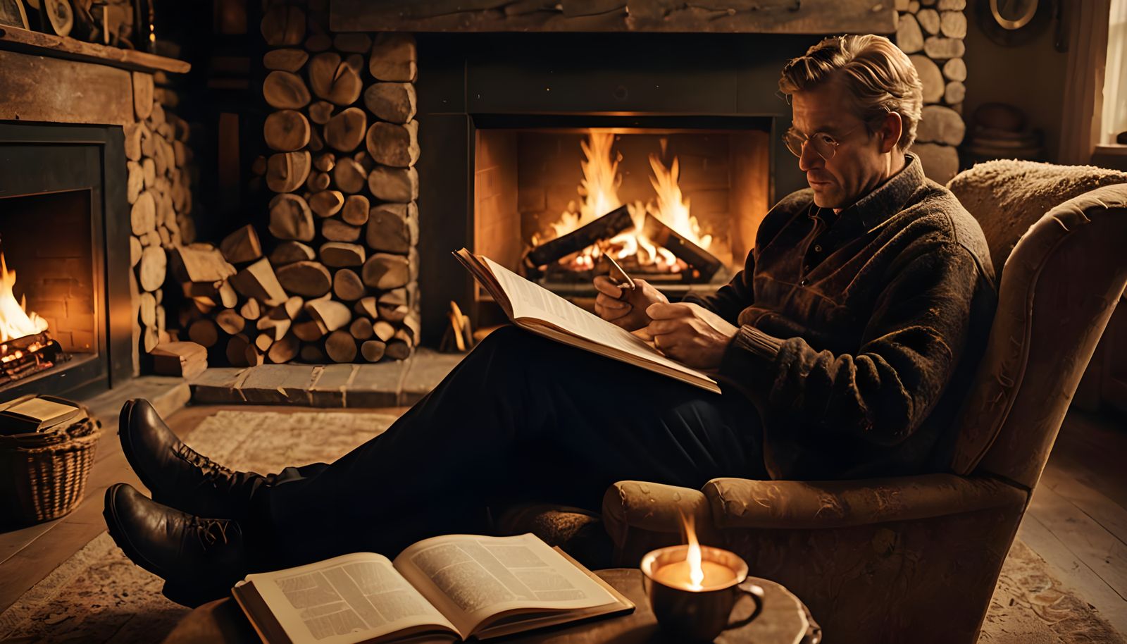 Cozy Evening Reading by the Fire