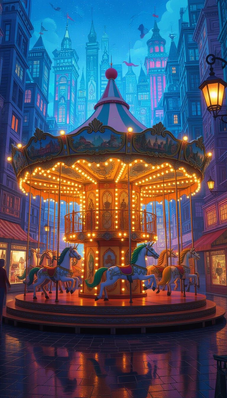 Whimsical Carousel with Dragon Steeds in Fantastical City