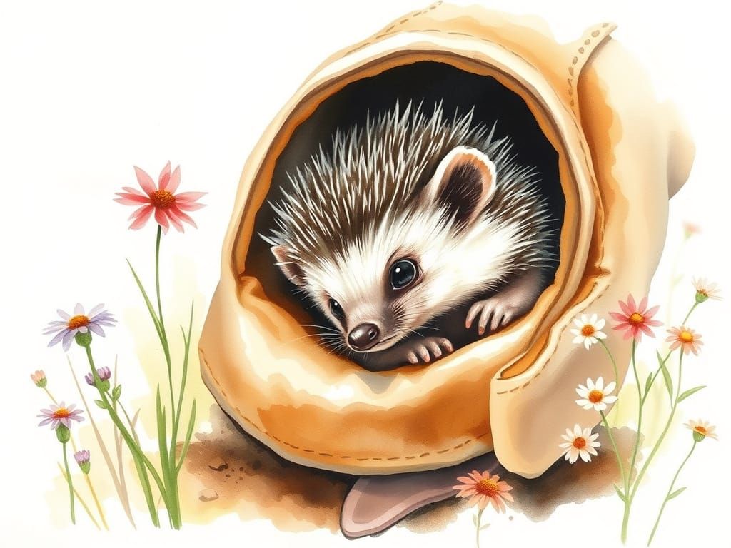 Pastel Hedgehog in Glove, Watercolor Storybook Illustration