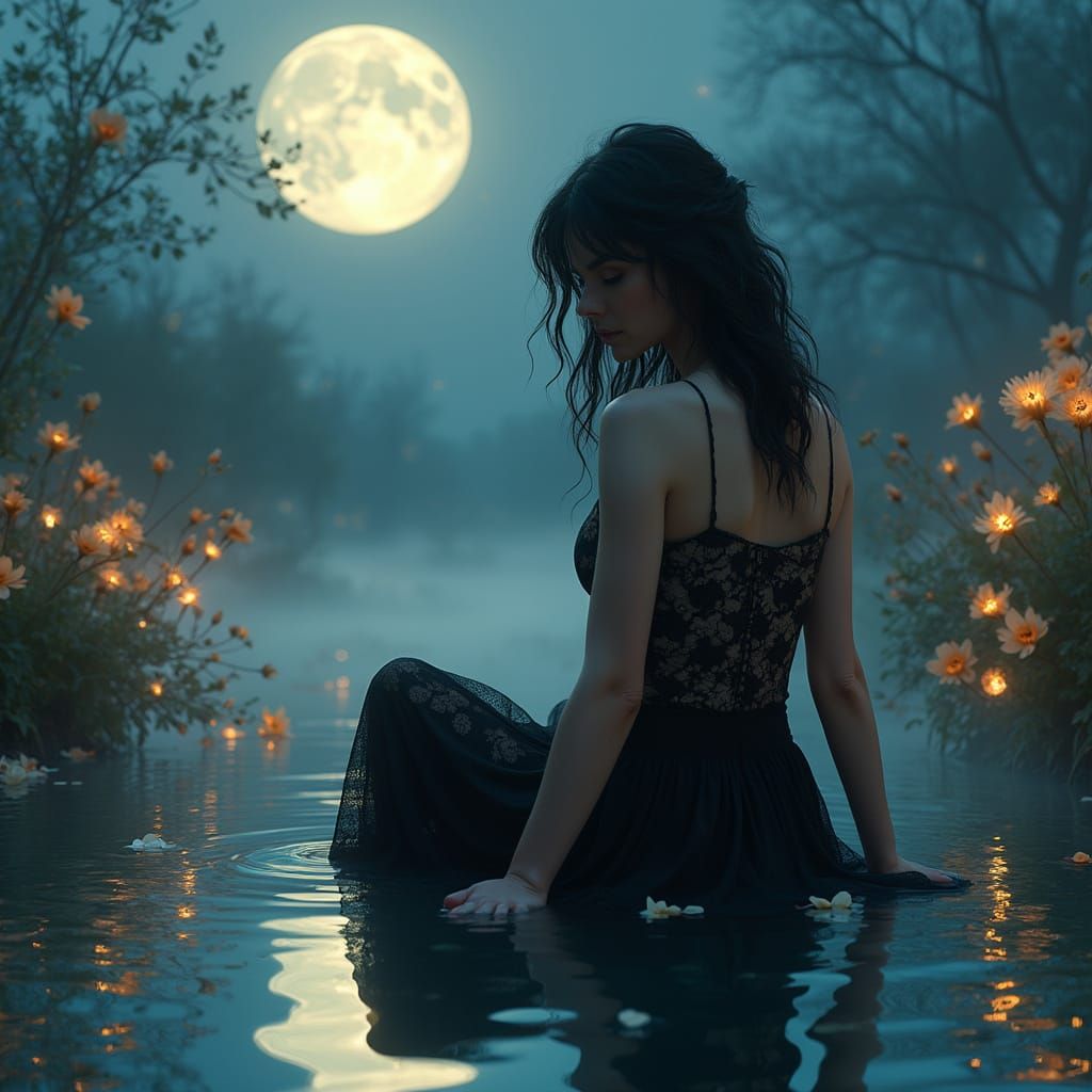 Ethereal Woman in Moonlit Pool, Fantasy Style