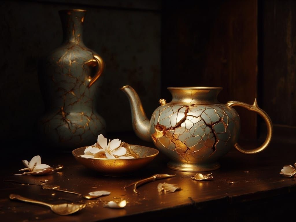 Kintsugi Teapot: Mended Porcelain in Golden Light
