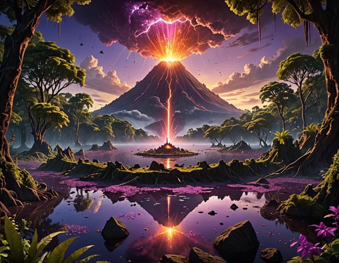 Cosmic Volcano Lake Reveals Ancient Ruins: Digital Painting