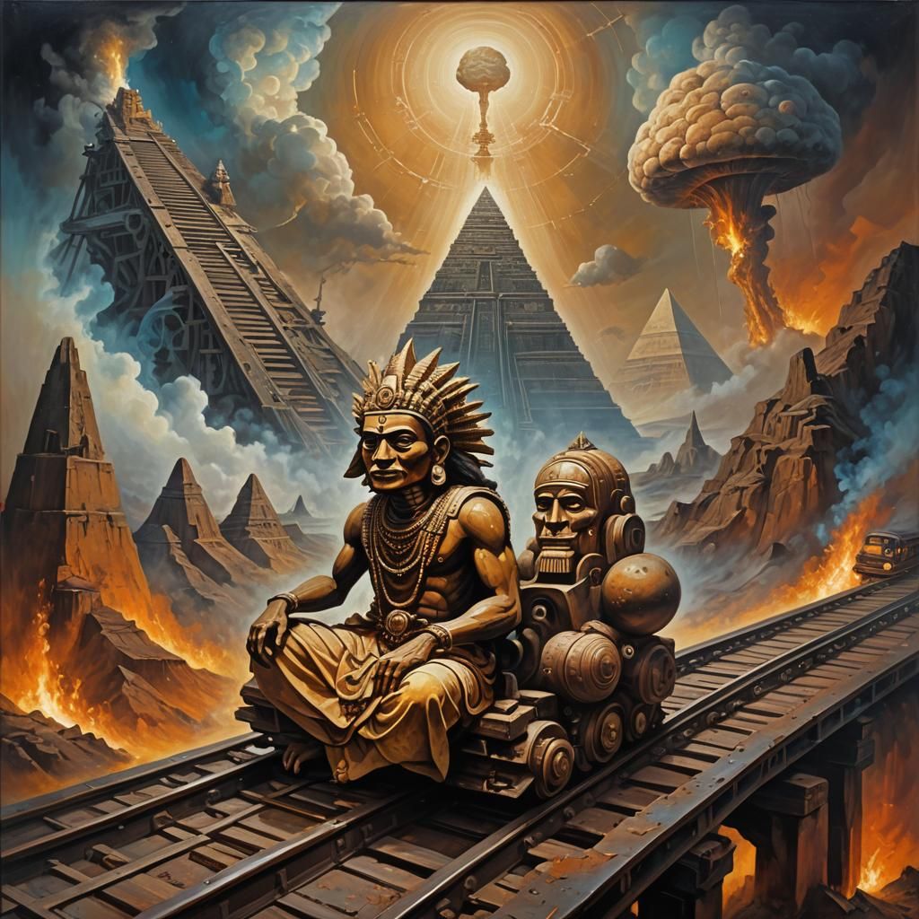 Surreal Indian God on Rollercoaster in Dreamlike Oil Paintin...