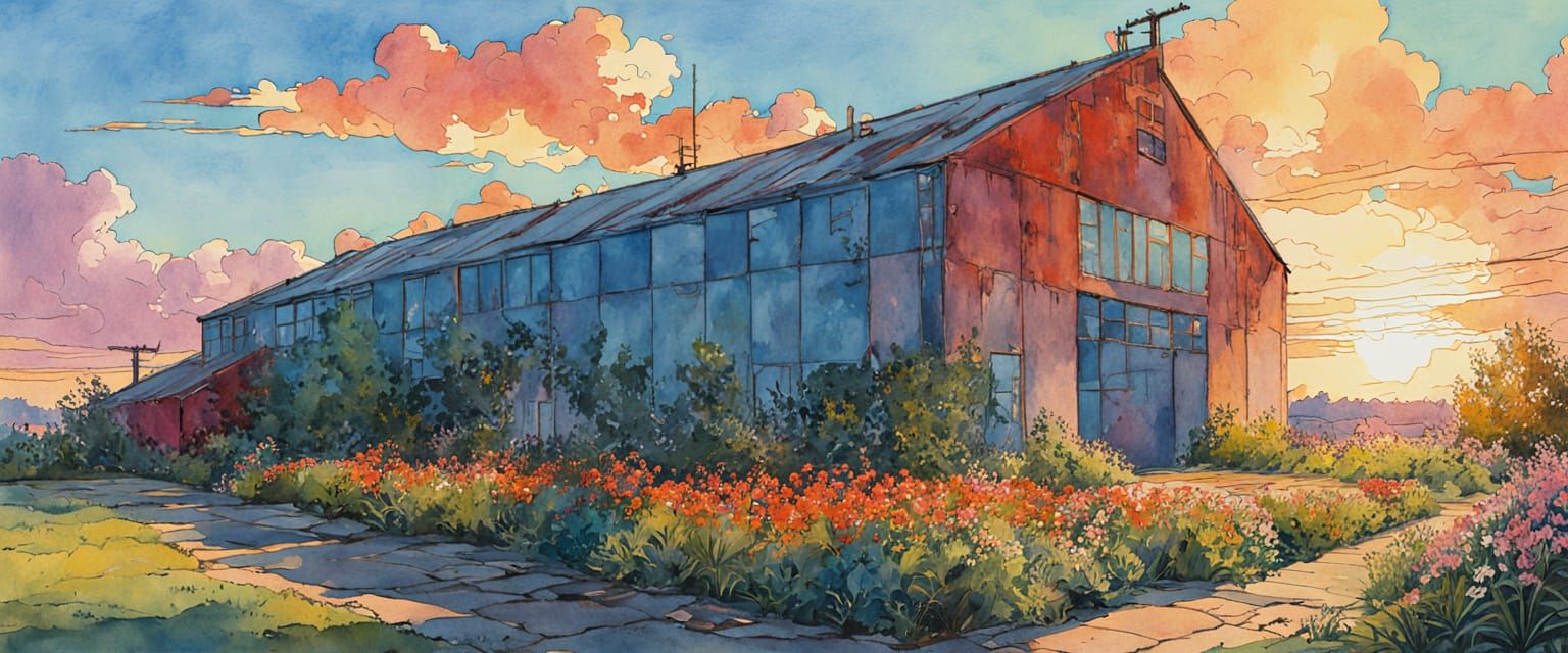 Abandoned Warehouse Bathed in Bright Morning Sunlight