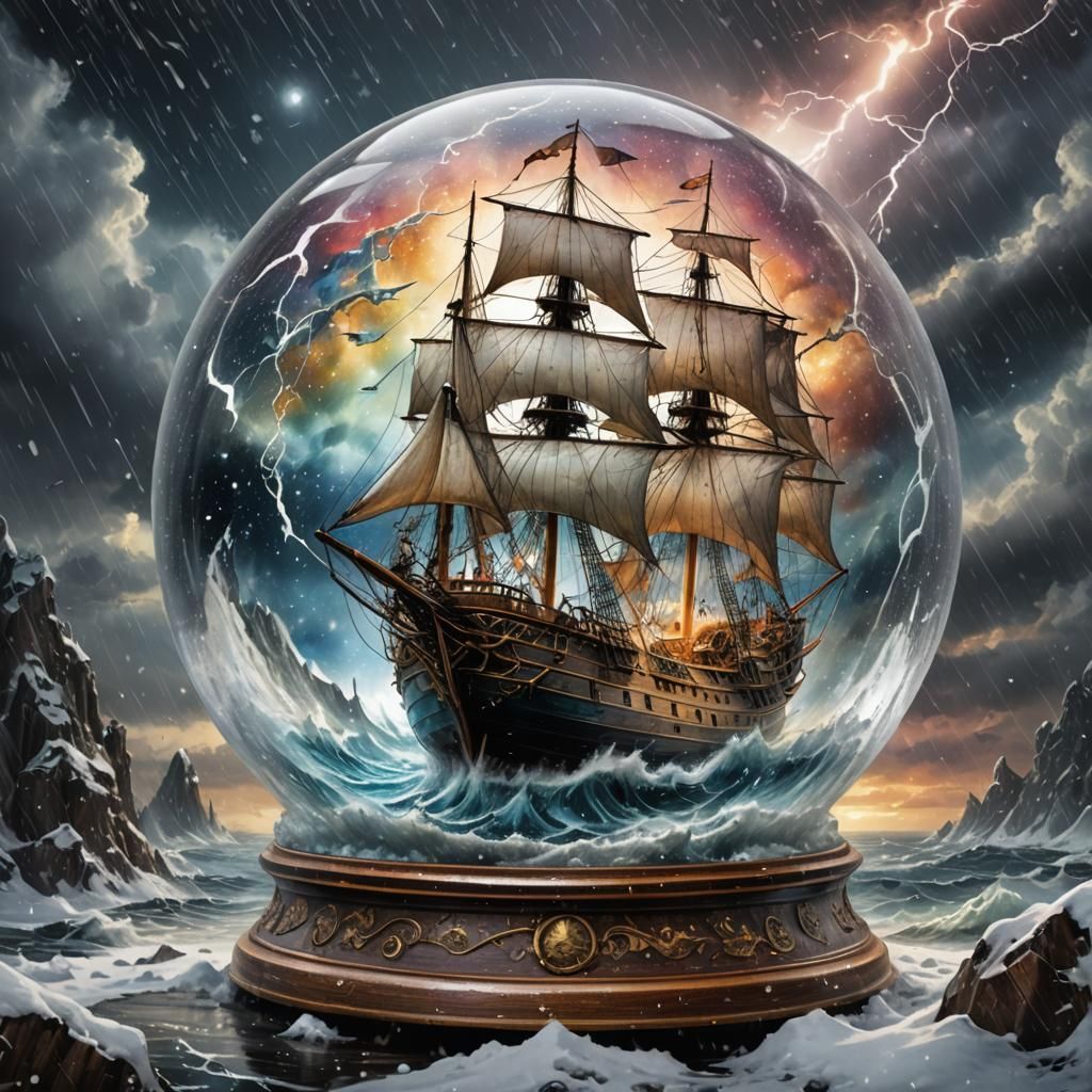 Sailboat Storm in Snow Globe: Fantasy Art