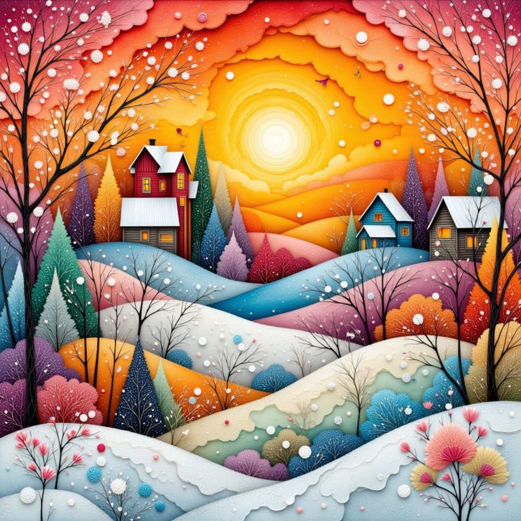 Bright Winter Sunset Over Paper Houses in Lace