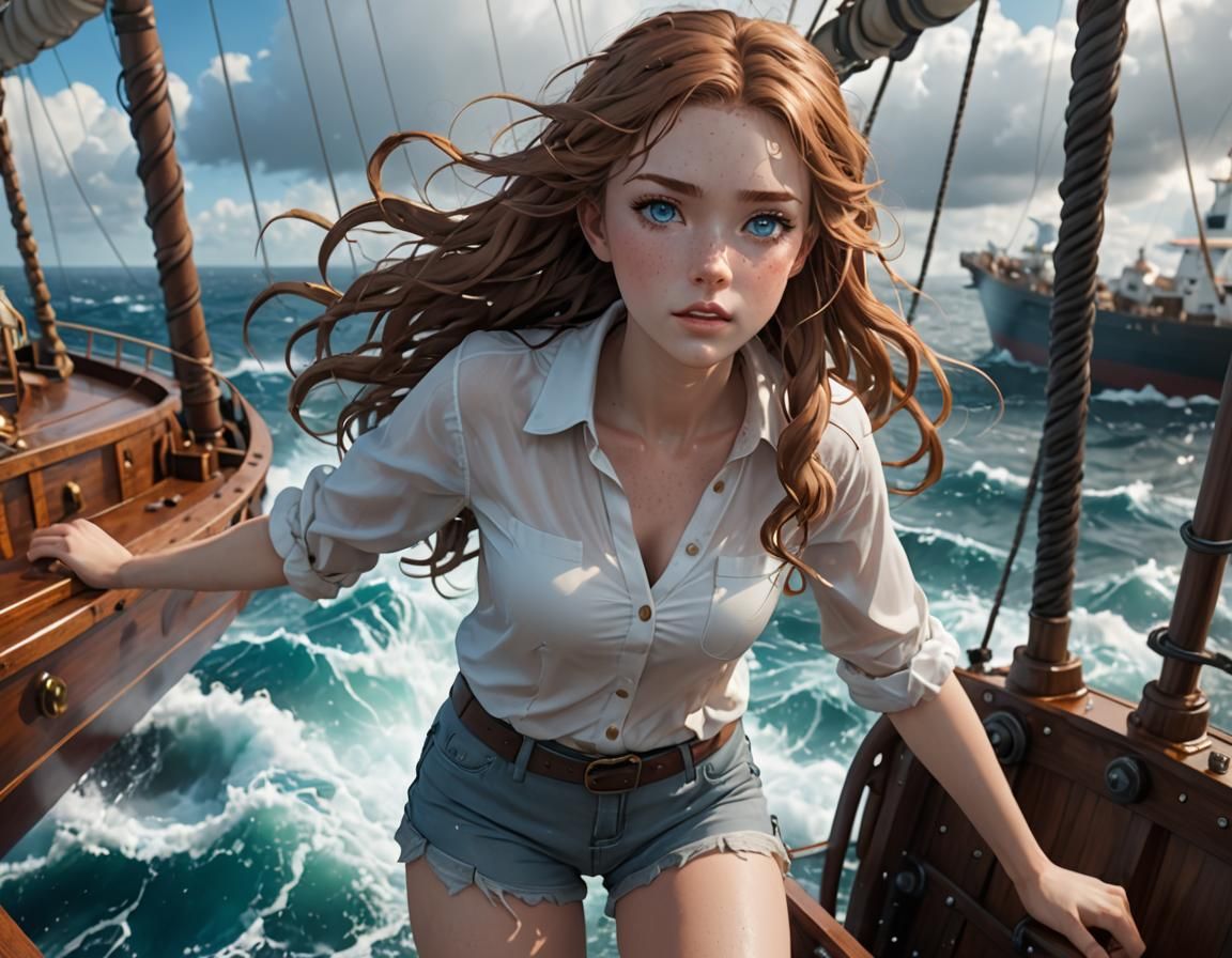 Anime Girl Battles Stormy Seas in 3D Art