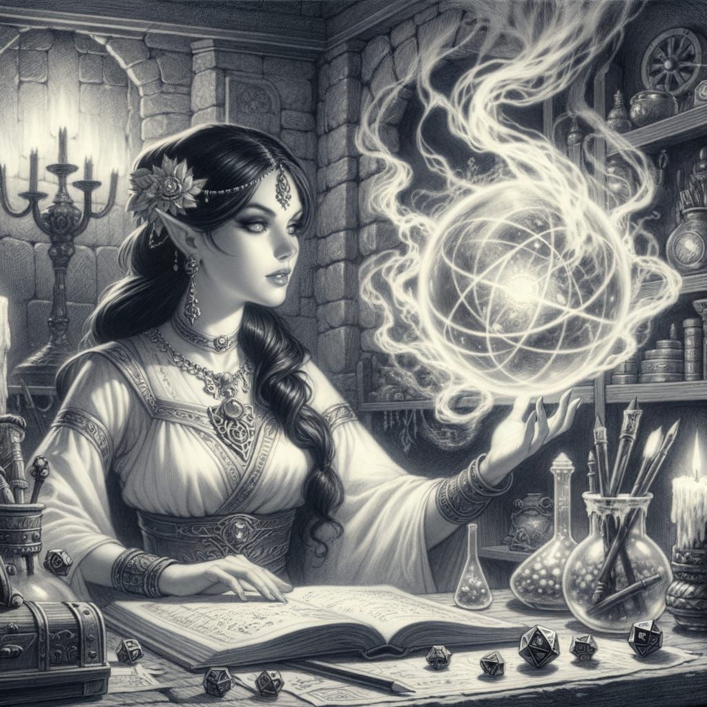 Sorceress Divination in Arcane Laboratory: Pencil Sketch
