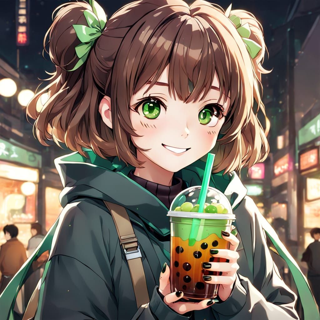 Cute Anime Girl with Boba and Brown Hair