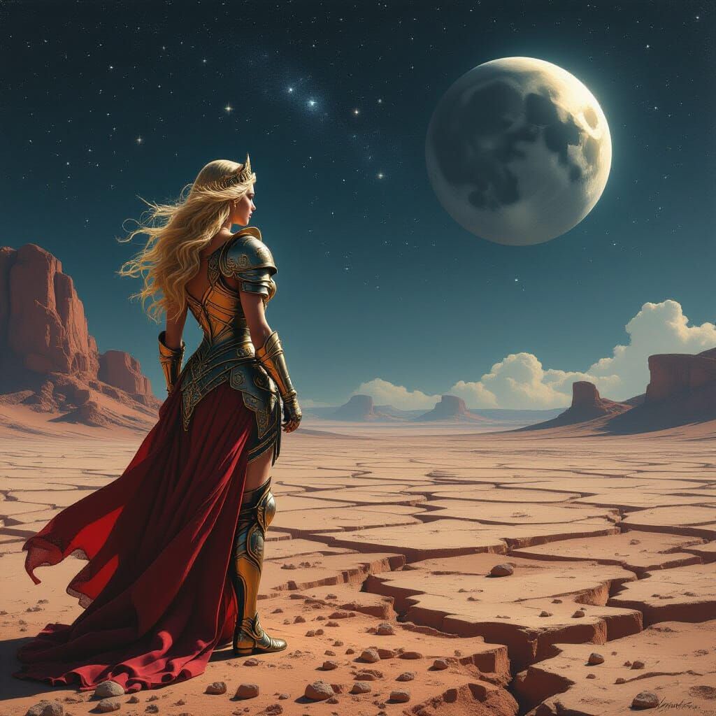 Goddess Aphrodite in Armor on Venusian Landscape