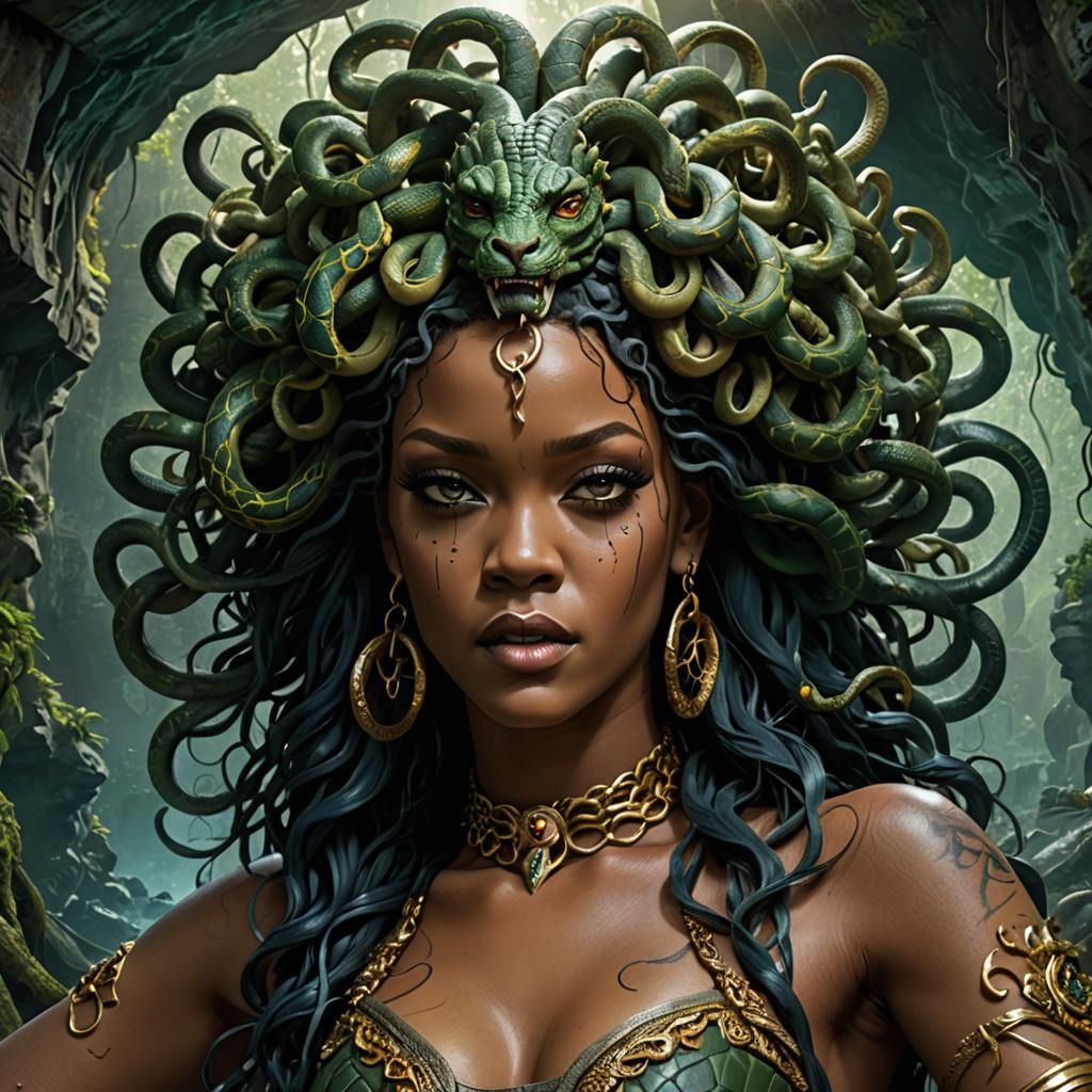 Medusa with Rihanna's Face Emerging from Cave
