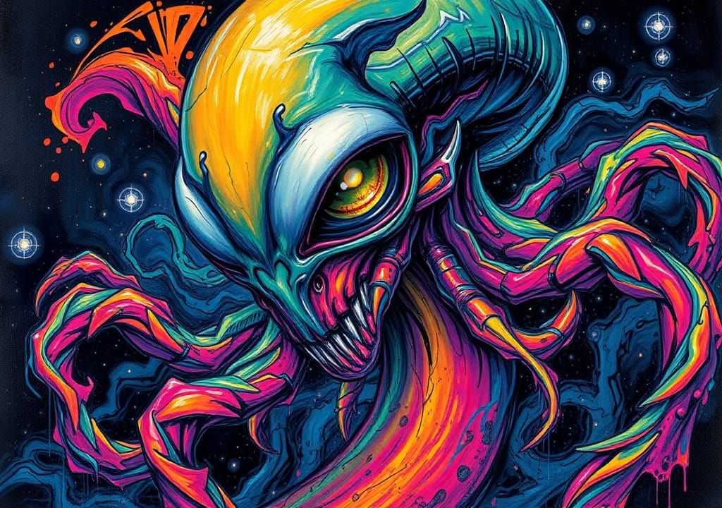 One-Eyed Alien Graffiti Art in Polychromatic Palette