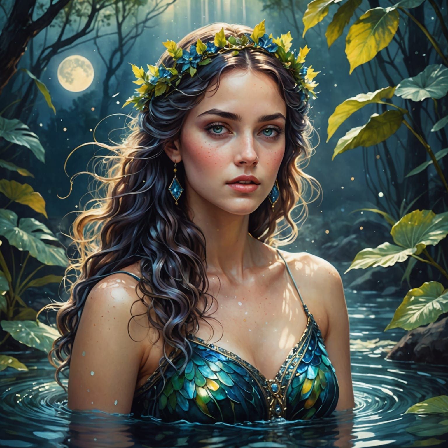 Beautiful Water Nymph in Watercolor Realism