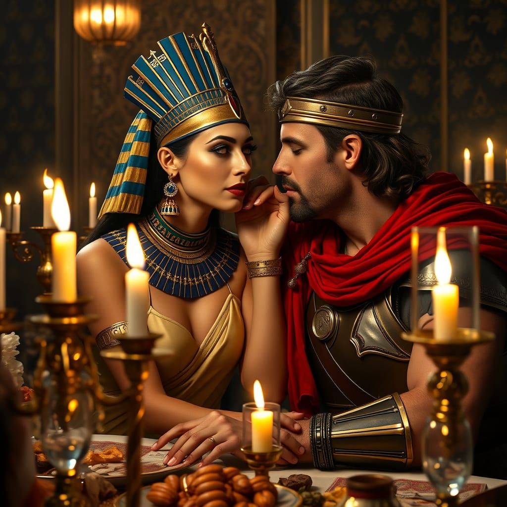 Egyptian Queen and Roman Soldier Share Intimate Dinner