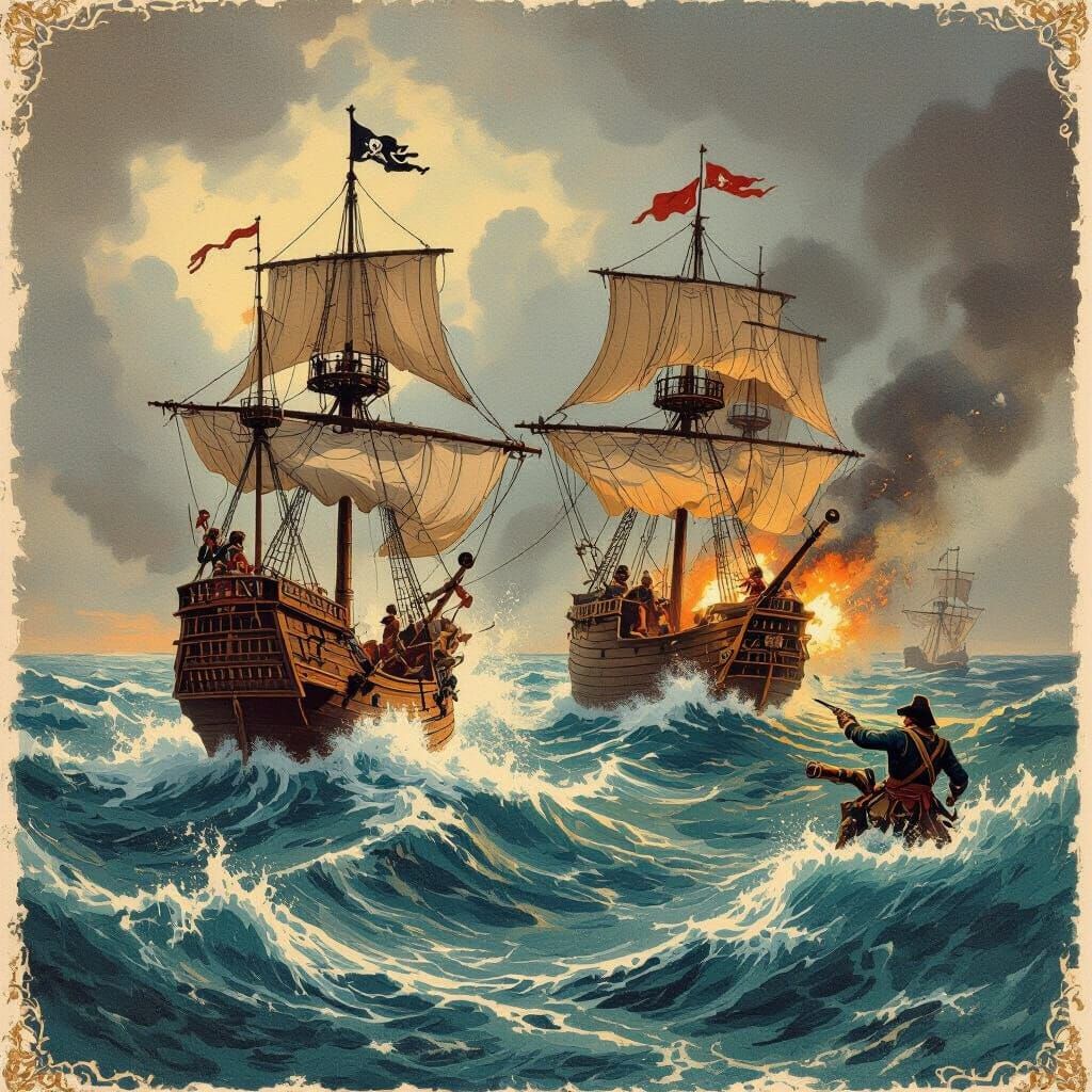 Vintage Naval Battle Ex-Libris in Gustave Doré Style