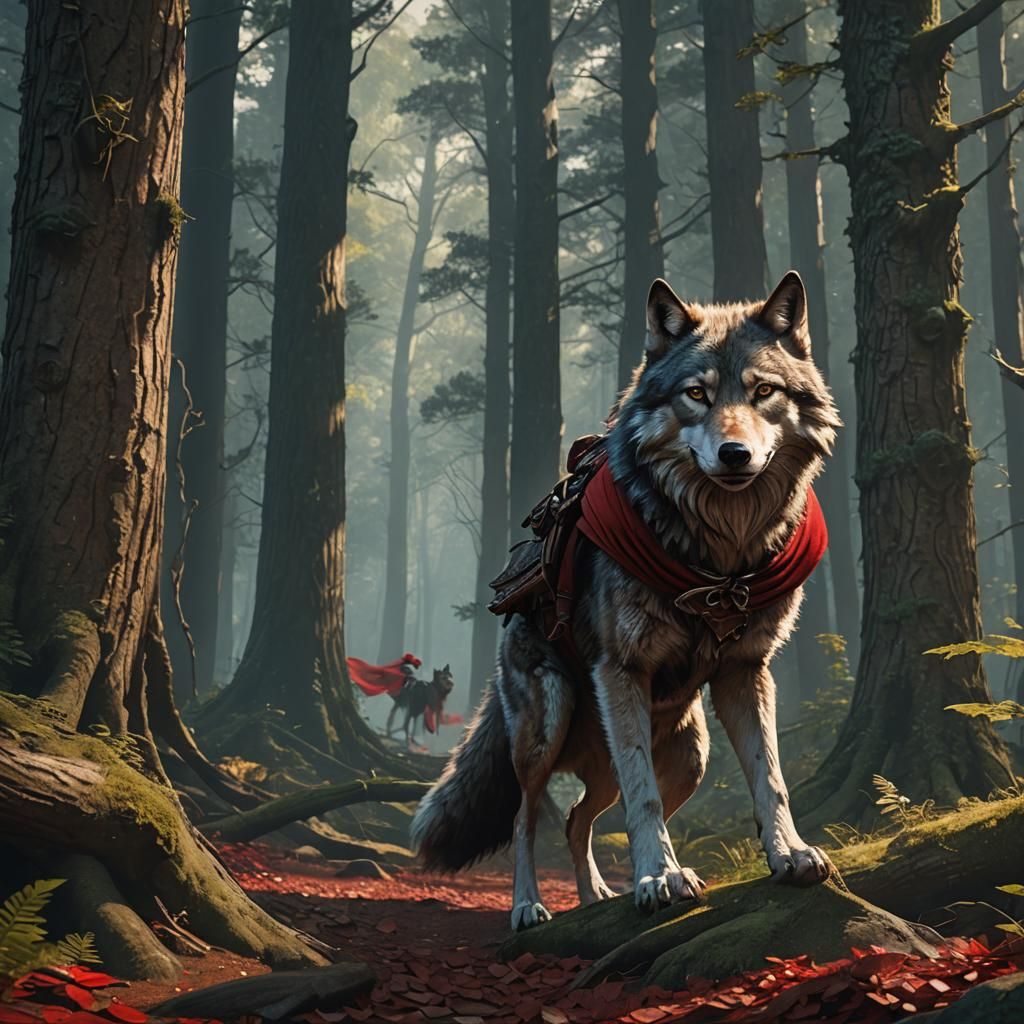Wolf Helps Red Riding Hood in Forest