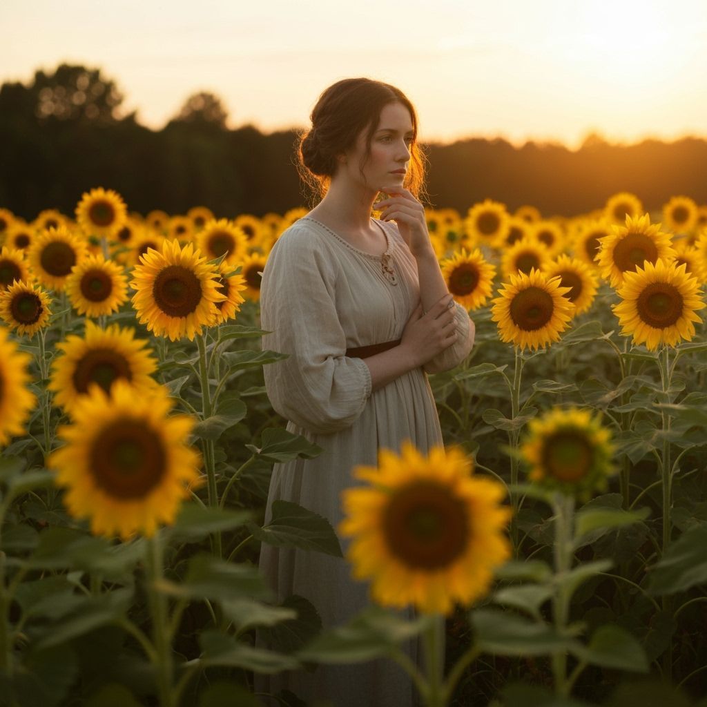 Auburn Haired Woman in Sunflower Field, Pre-Raphaelite Style