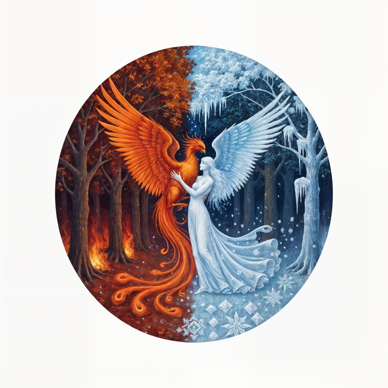 Phoenix Embraces Ice Maiden in Enchanted Forest