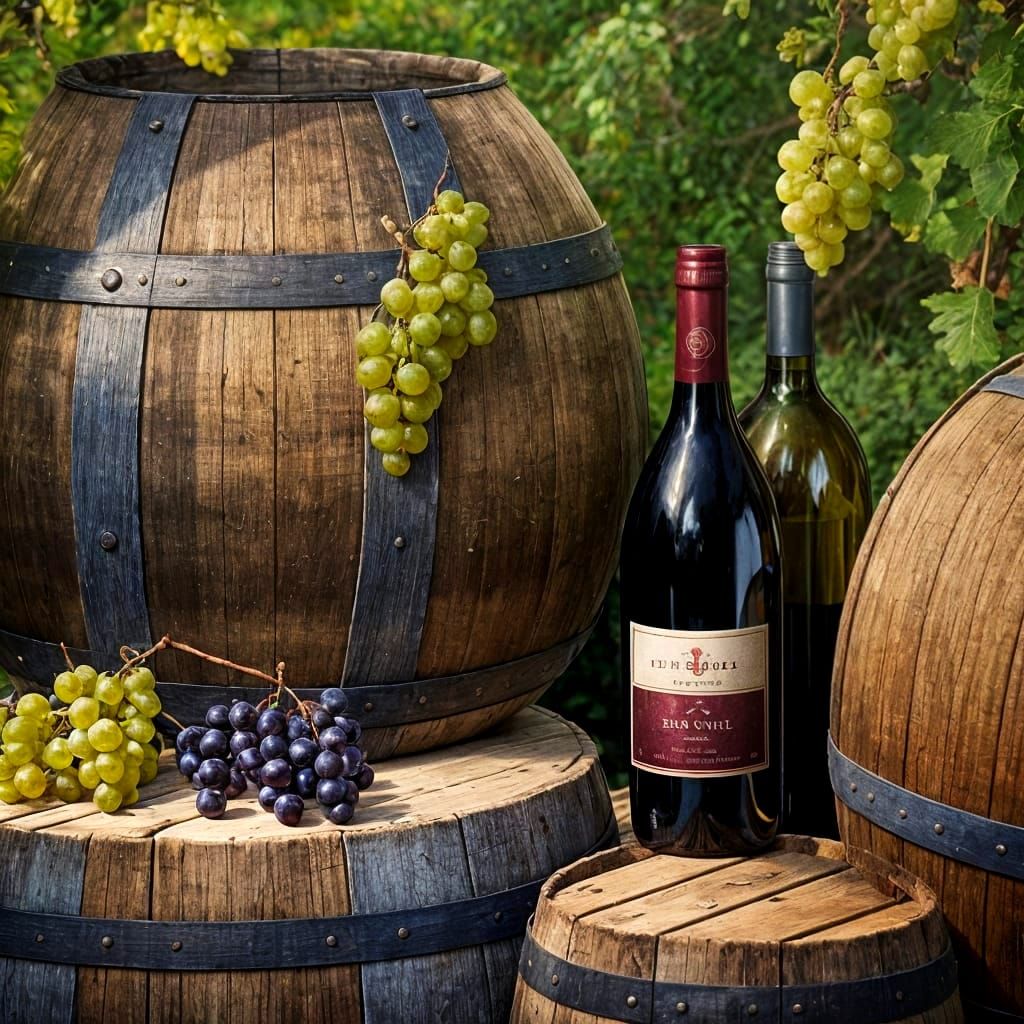 A Bottle of Wine on a Rustic Barrel in Vibrant Realism