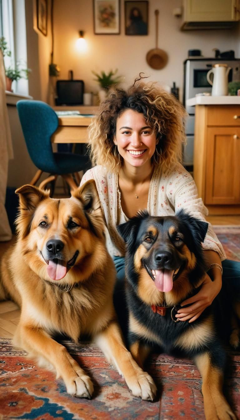 Impressionist Woman and Dog Selfie in Cozy Apartment