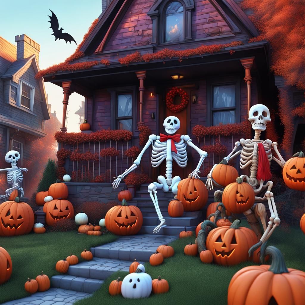 Halloween Yard with Inflatable Decorations in Fantasy Art St...
