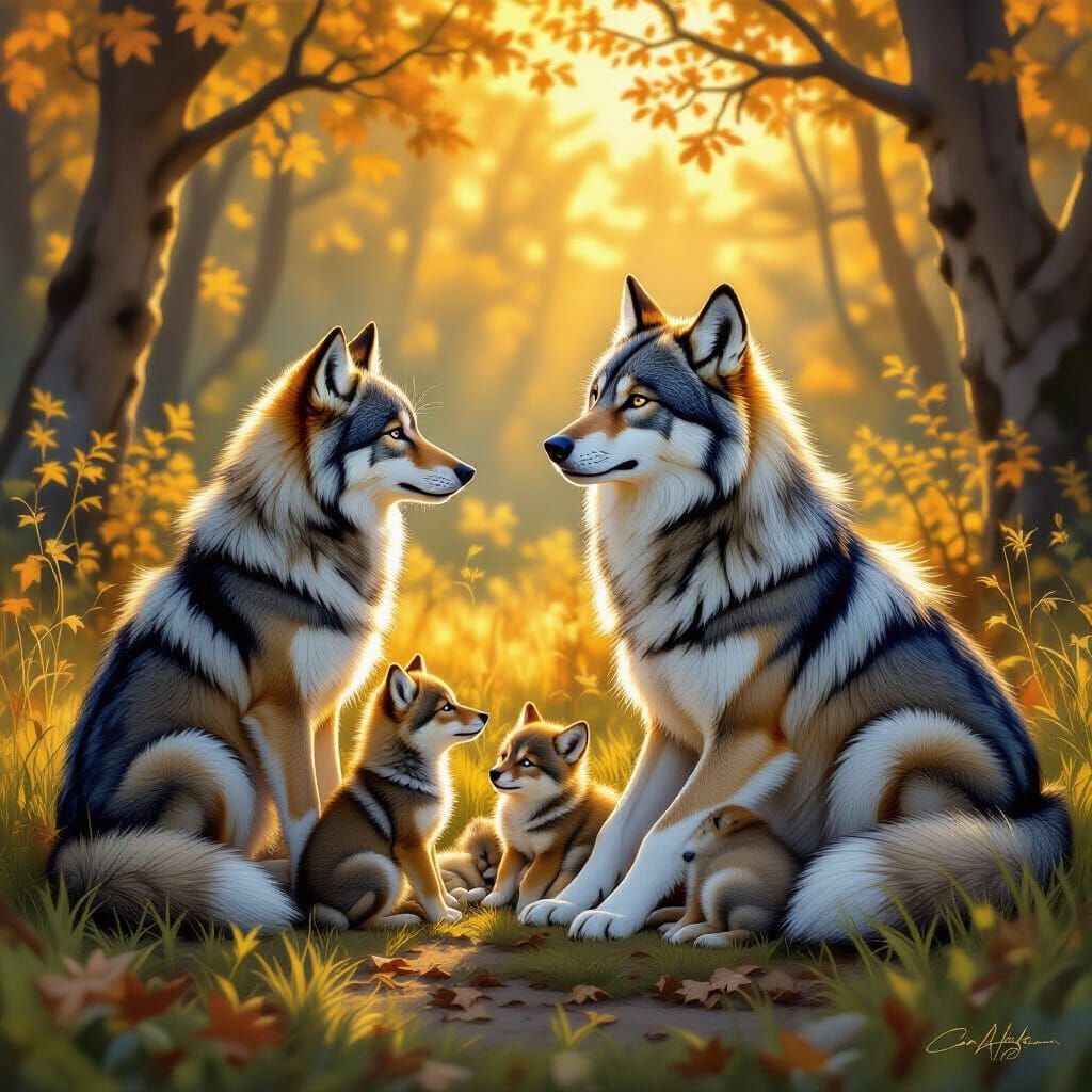 Wolf Family in Sun-Dappled Forest Clearing