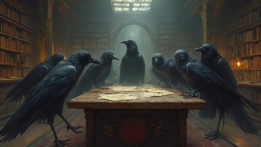 Ravens Gathering in Mystical Library