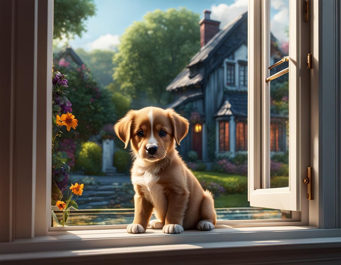 Cute Puppy Gazing out Window: Fantasy Concept Art