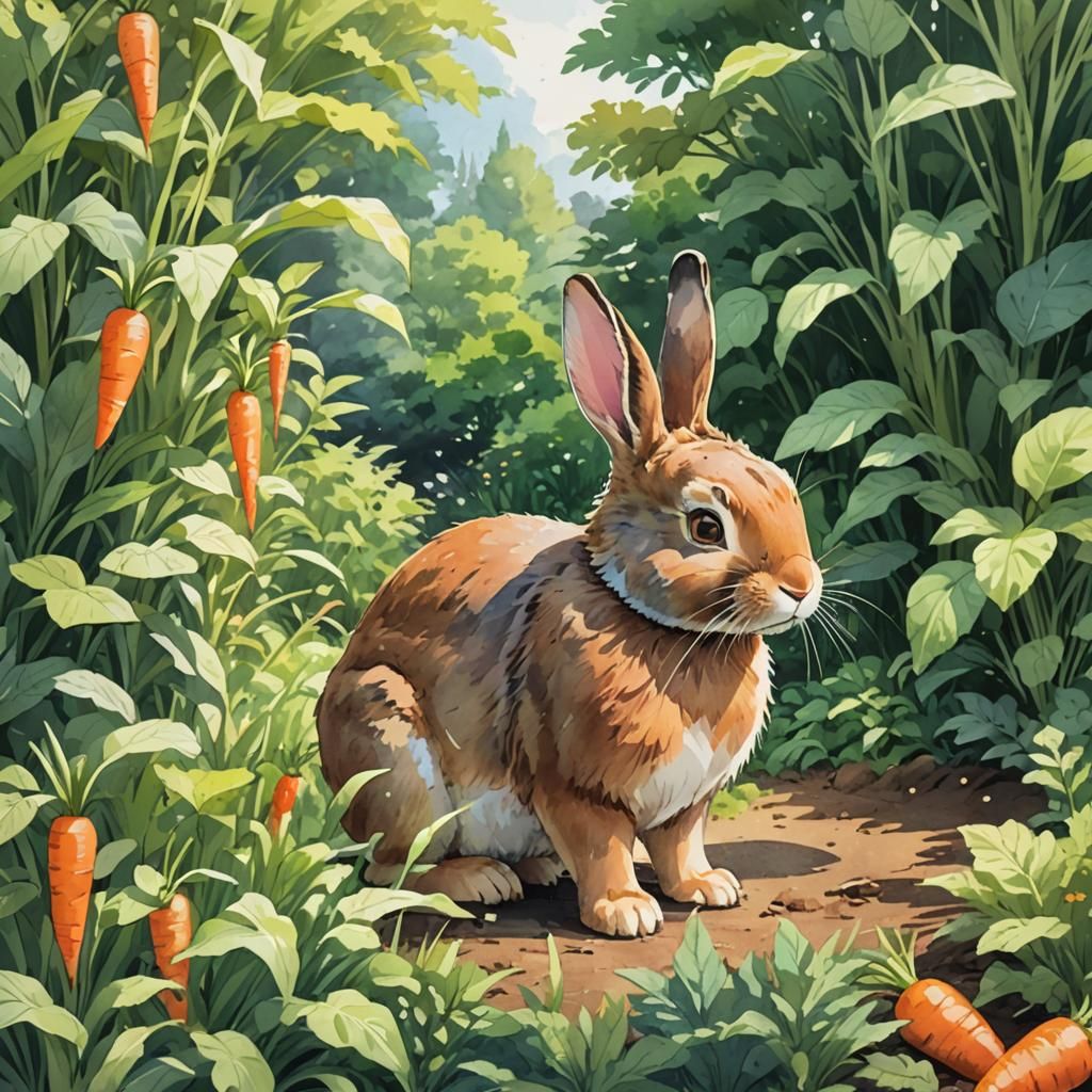 Watercolor Anime Bunny in Lush Garden