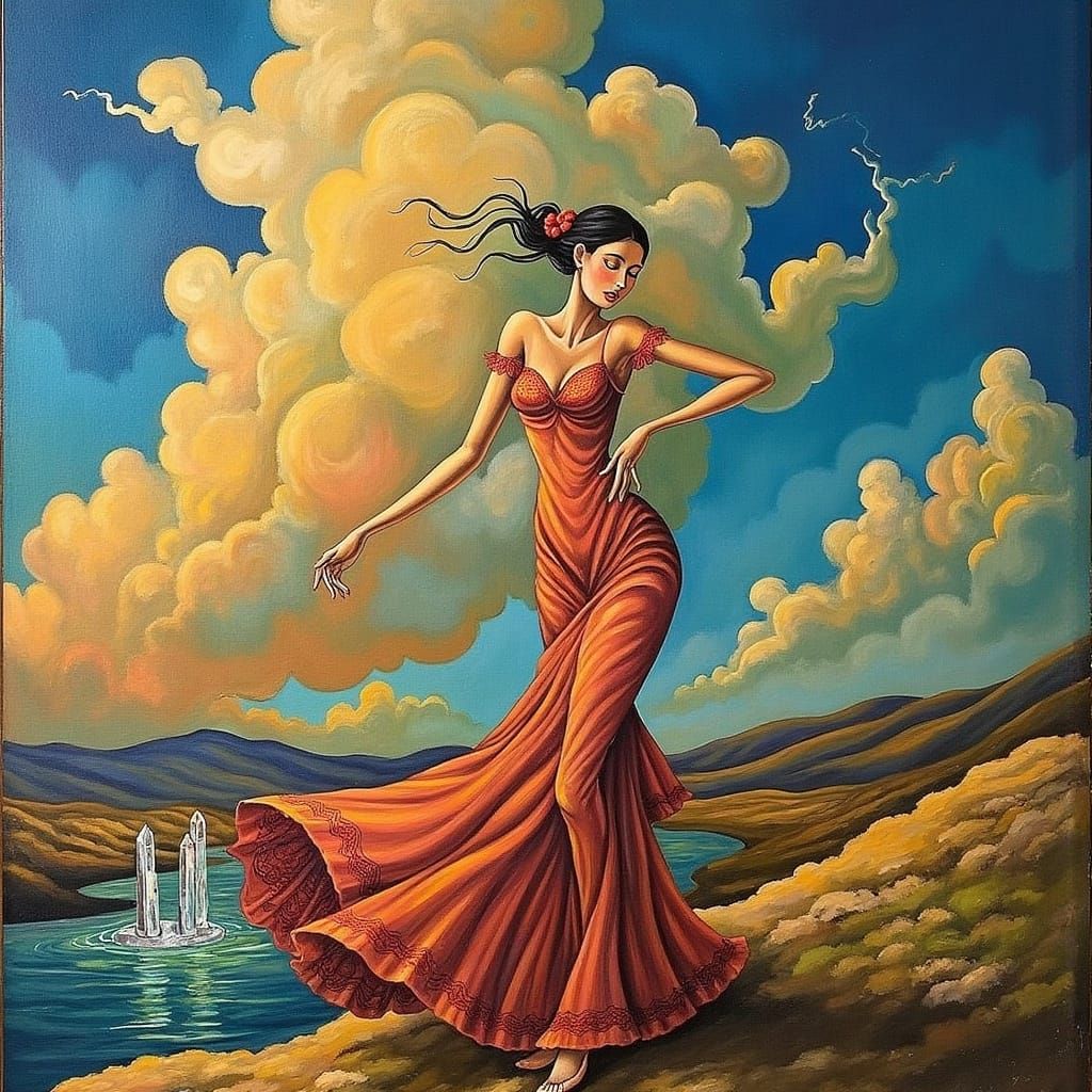 Ethereal Flamenco Dancer in Dreamlike Landscape