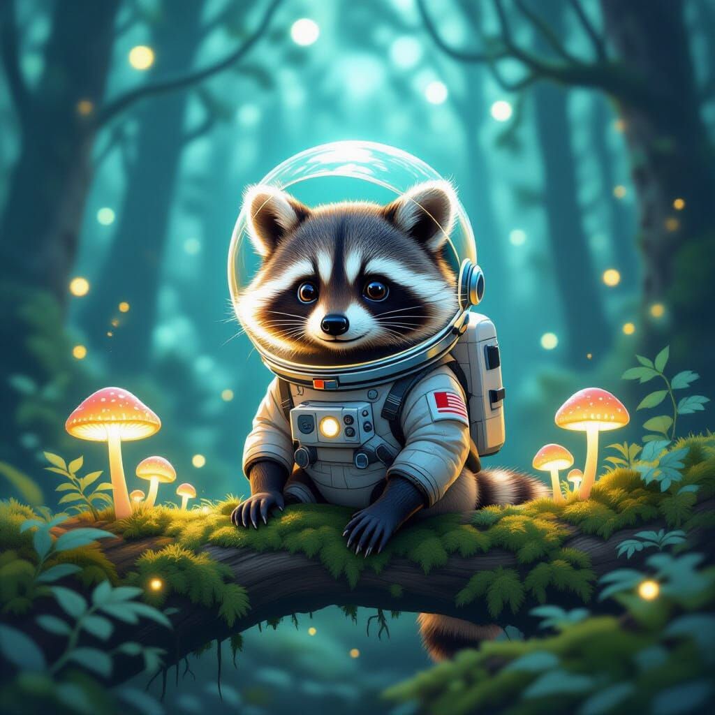 Raccoon Astronaut in Bioluminescent Forest