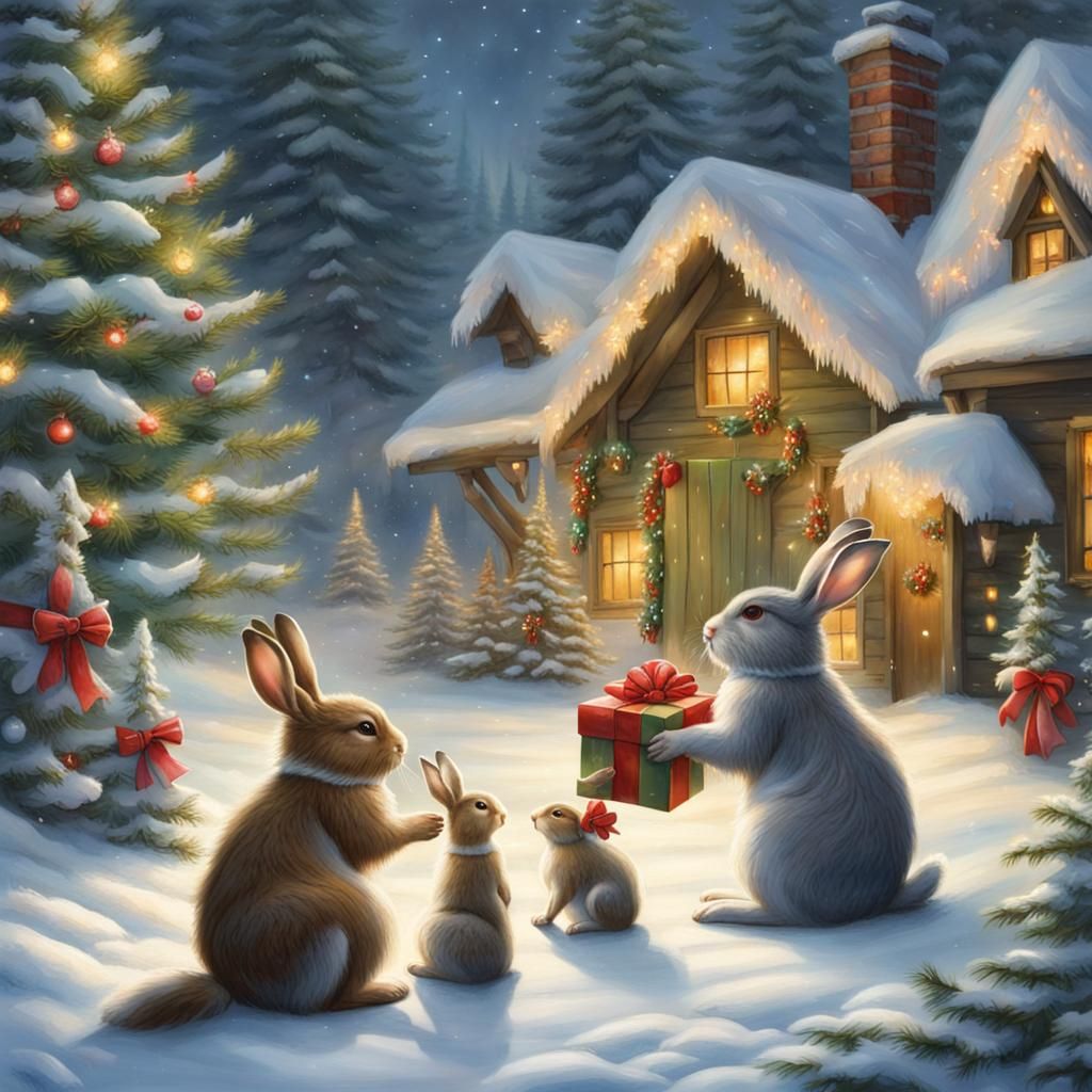 Rabbits Exchange Gifts in Winter Wonderland