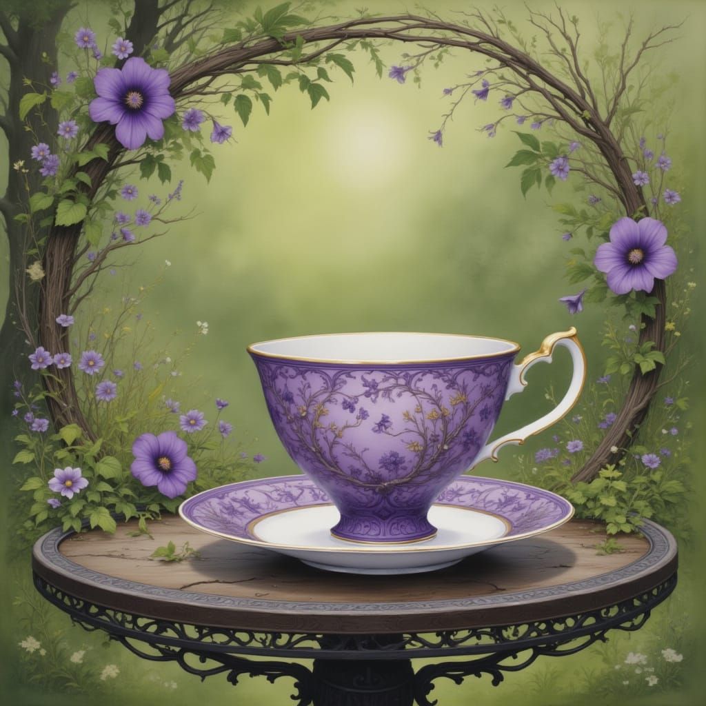 Purple Teacup in Summer Garden, Illustrative Realism