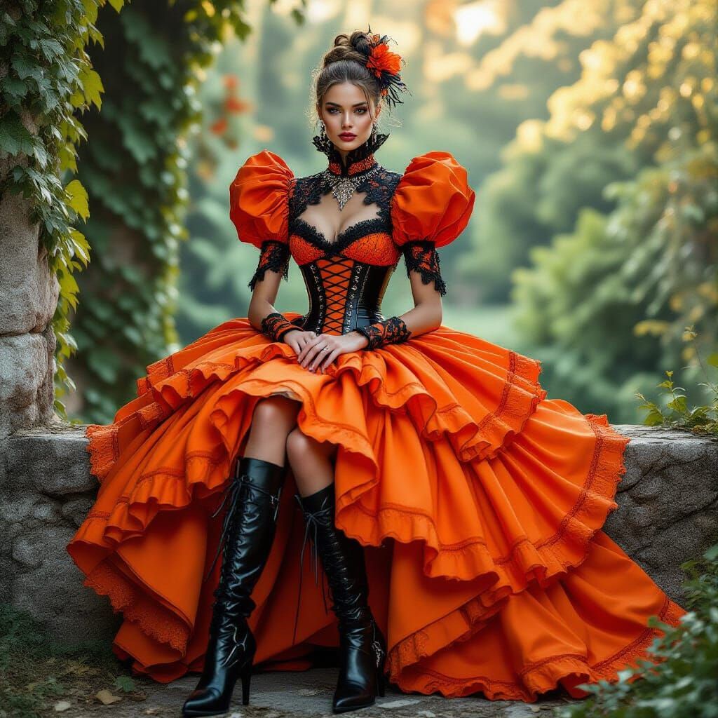 Woman in Orange Gown on Stone Wall