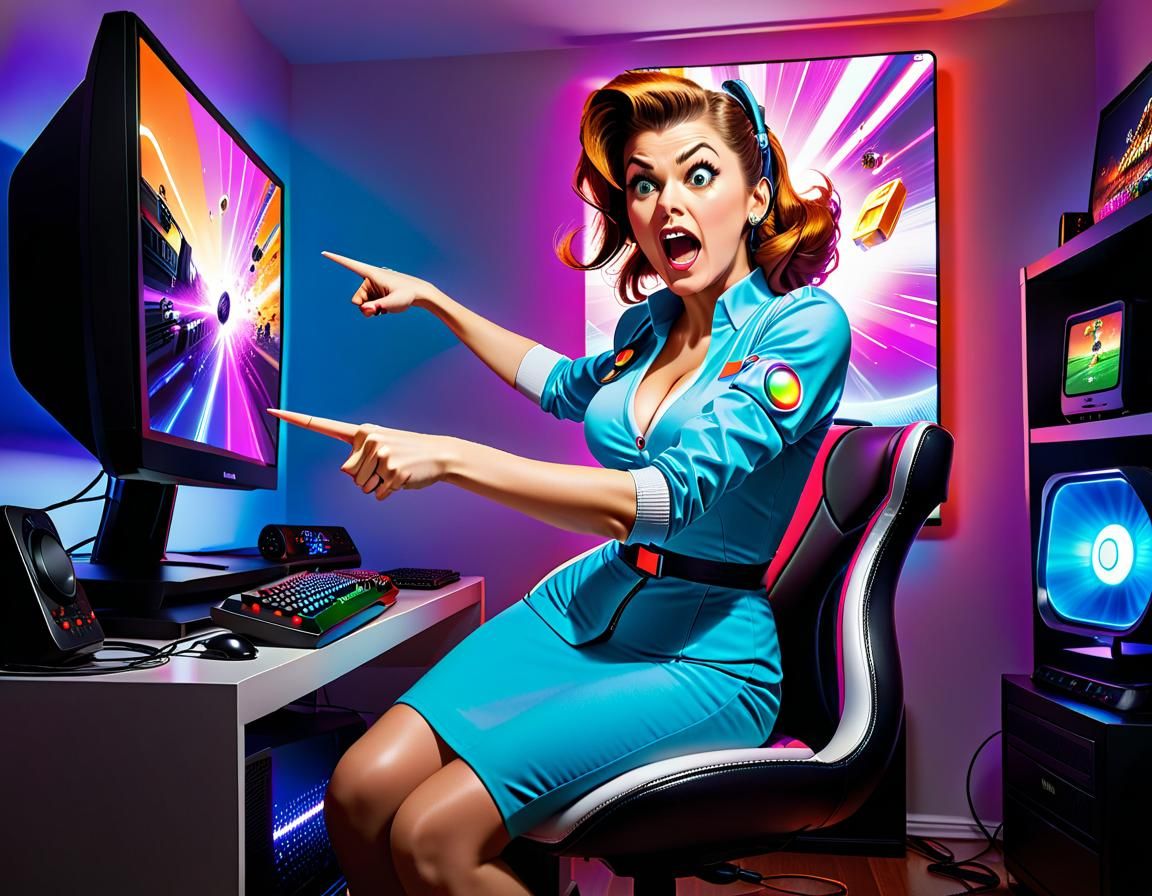 Enraged Housewife Gamer in Sci-Fi Gaming Room