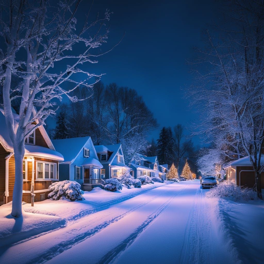 Winter Wonderland Neighborhood Scene in a Whimsical Style