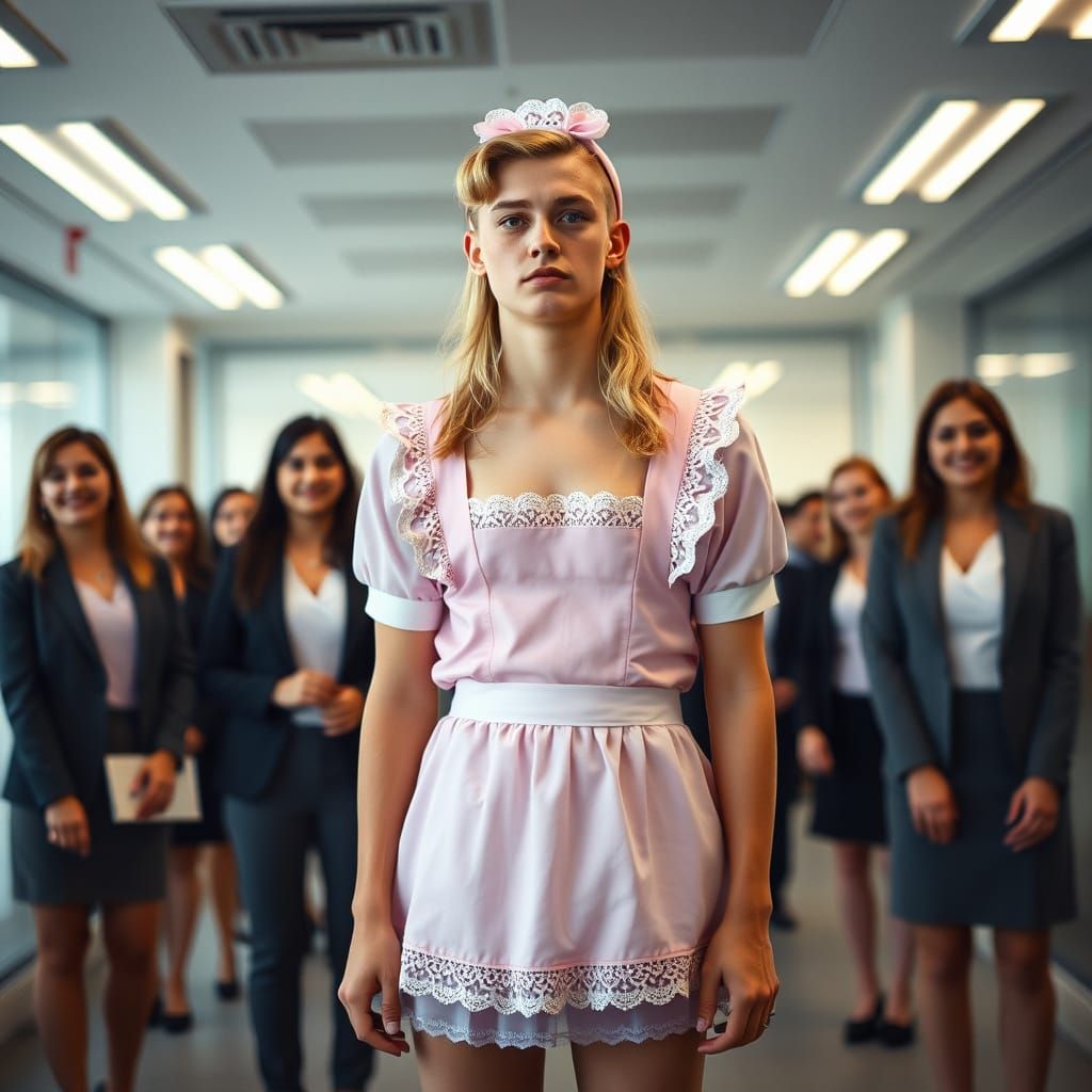 Shy Man in Maid Outfit in Office Confrontation