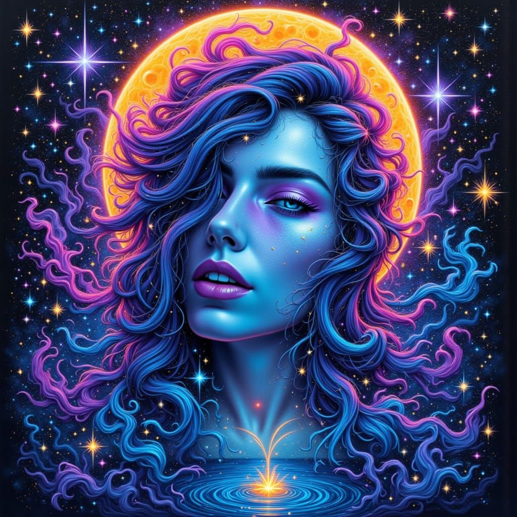 Mystical Moon Tarot Card with Cosmic Aura in Graffiti Style