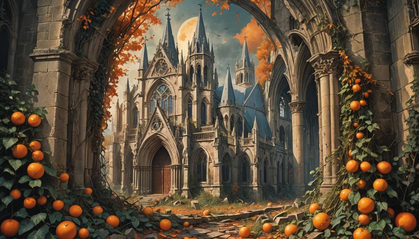 Flooded Gothic Church Ruins in Autumn Sunlight