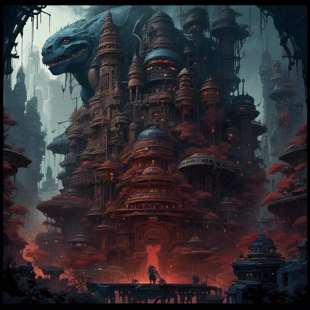 Cyberpunk Aztec City in Stormy Weather