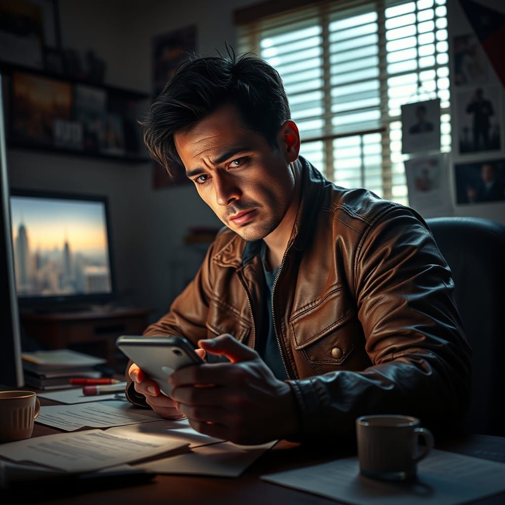 Tense Detective in Dimly Lit Safe House